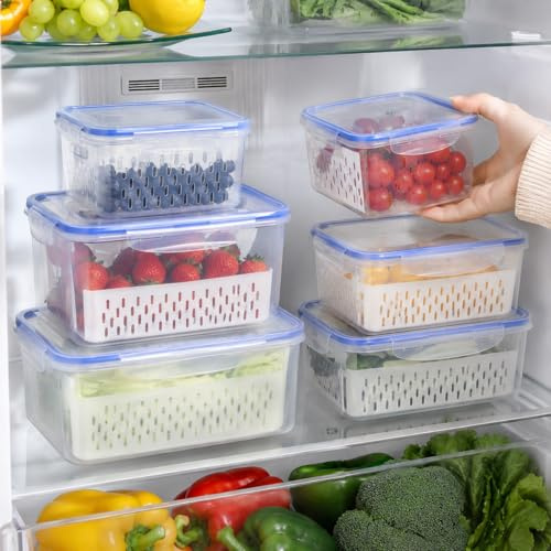 TiooDre Contenitori salvafreschezza per verdure, set di 3 contenitori per frutta con coperchio, per frutta e verdura con coperchio, griglia scolapiatti, 0,8 l + 1,7 l + 3,3 l per frigorifero per