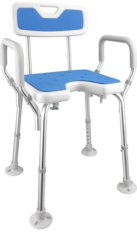 Shower Chair with Arms and Back, 6-Level Height Adjustable Non-Slip Bathroom Chair, 150kg Capacity Aluminium Shower Stool for Elderly, Disabled and Pregnant