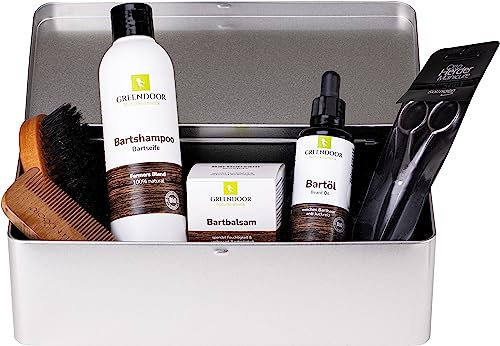 GREENDOOR LUXUS Bartpflege-Set MUENCHEN, SPARPREIS, Bio Bartseife Bartöl Bartbalsam Bartbürste Bartkamm Bartschere Metallbox, Geschenkset Natur, Geschenke Weihnachten Männer Bart natürliche Pflege