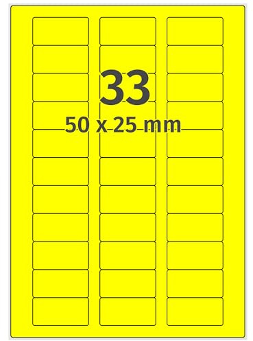 Farbige Etiketten auf A4 Bogen, neongelb - 50 x 25 mm - 3.300 Papier Aufkleber auf 100 Blatt, selbstklebende Laser-Etiketten fluorisierend leuchtfarbig