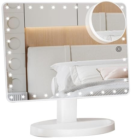 FUNTOUCH Groß Schminkspiegel mit 35 LED Licht, 1X/10X Vergrößerungsspiegel, Touch Screen Schalter, Duales Netzteil Spiegel, Dimmbar Kosmetikspiegel mit Beleuchtung, 360° Drehbarer Tischspiegel (Weiß)