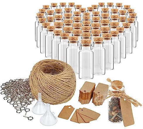 com-four® 60 bouteilles en verre de 10 ml, ensemble avec accessoires pour étiqueter et suspendre, pour mariages ou anniversaires, pour thé, épices, sel, graines, herbes (060 pièces + accessoires)
