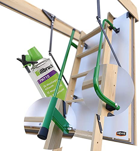 Pro-Passiv HEYKE W1 Bodentreppe mit Zwei Handläufe + Isolierschaum + 3 Dichtungen | U-Wert 0,36 W/M2*K | Luftdichtheitsklasse 4 | Assistenz-Federmechanismus | Möbelqualität | Spart Energiekosten