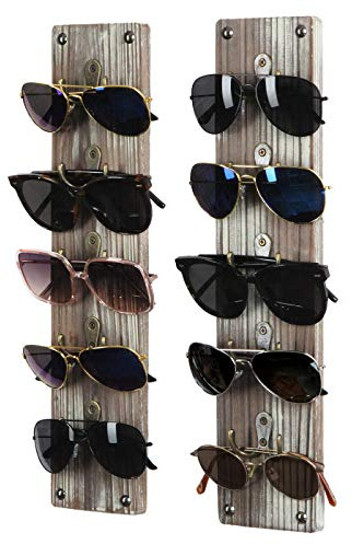 J JACKCUBE DESIGN Rustikales Holz-Sonnenbrillen-Aufbewahrungs-Organizer, 10 Brillenhalter, Display-Rack, 2er-Set mit 5 Metallhaken an jedem Halter – MK691A