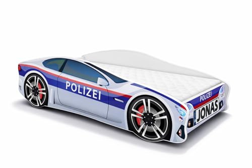 ACMA Autobett Polizei 160x80 cm personalisiert mit Name - Kinderbett Auto im Polizeiwagen Design mit Matratze und Lattenrost, Jugendbett mit Rausfallschutz, Modell Polizei 3, belastbar bis 150 kg
