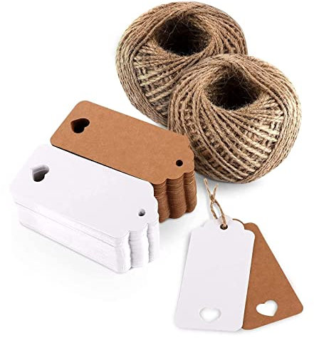 Carehabi – kraftpapper hänge etiketter presentetiketter med jutesnöre 50 m för bröllopspresenter, julklappar, festgåvor, presentdekoration.