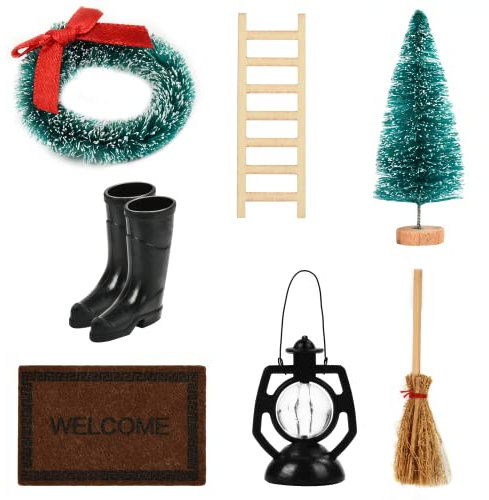 EKKONG Wichtel Tür Nissedor, Miniatur Wichtel Set, Mini Ornament, Miniatur Puppenhaus Set mit Zubehör Stiefel, Weihnachtsbaum Dekokranz, Wichtelbesen, Holzleiter, Teppichdecke, Laterne, Weihnachtsbaum
