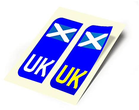 BWW Print - 2 X New UK Car Reg- Number Plate Stickers - Scotland Scottish Saltire Flag for Travel Abroad, Front & Rear