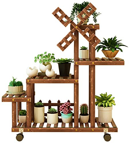 XJHOME Blumenständer Blumenregal Blumentreppe aus Holz mit Rädern Pflanzentreppe für Innen Außen Garten Pflanzenregal Aussen Draußen Leiterregal Dekoratives Fenster Regal