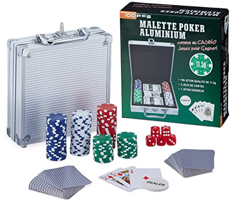 Relaxdays Pokerkoffer, 100 Pokerchips ohne Wert, 2 Kartendecks, 5 Würfel, Dealer-Button, Pokerset, abschließbar, Silber