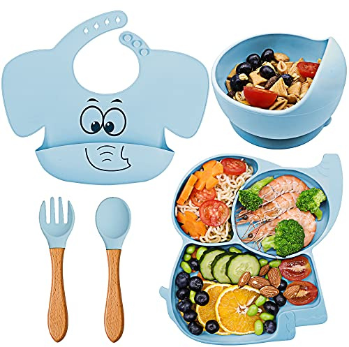 FILOWA Baby Geschirrset 5 Teilig,Silikon Kinderbesteck Rutschfest Kinderteller mit Saugnapf Schüssel,Löffel&Gabel,Lässig Lätzchen,BPA Frei Kindergeschirr Set für Kleinkind Kinder Junge,Blau Elefant