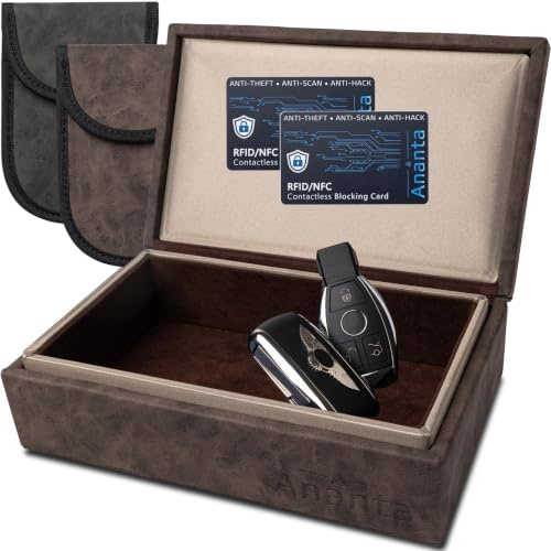 Ananta Faraday Box for Car Keys, Luxury RFID Signal Blocking Key Box, Brown | Military Grade | Magnetic Close | Car Key Signal Blocker | 2 x Spare Key Pouch | 2 x RFID Contactless Blocking Cards