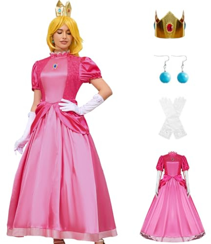 PAINEOMN prinsessklänning för kvinnor halloween prinsessa cosplay kostym krona örhängen handskar set vuxen maskeraddräkt, Persika, XXL