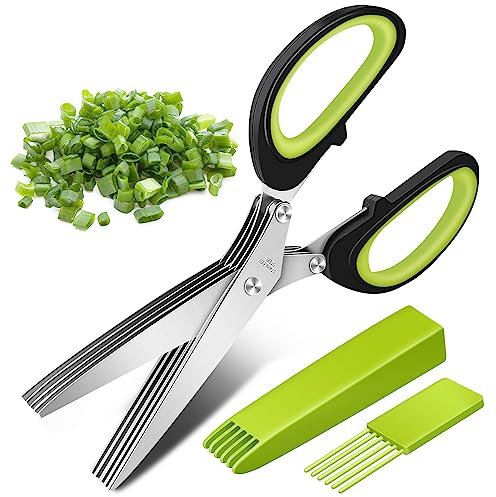 Stainless Steel Herb Scissors, Senbos Salad Kitchen Scissors with 5 Blades, Multifunctional Kitchen Scissors with Safety Cover and Cleaning Comb, Perfect for Chopping Basil, Chives, Oregano, Rosemary