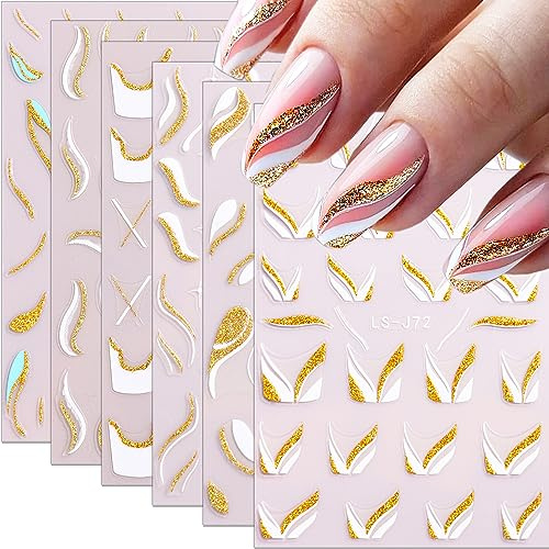 Nagelsticker Selbstklebend, 6Blatt Glitzer French Nail Art Stickers Gold Weiß Wirbel Linien Nagel Aufkleber Sticker 3D Nail Art Striping Tape Nageldesign DIY Maniküre