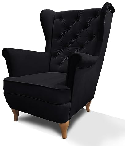 Mars Meble Ohrensessel aus Velours, Sessel mit Holzbeine, Wohnzimmersessel mit Wellenfedern, Elegant und Bequem (Stoff: Kronos 07 - schwarz)