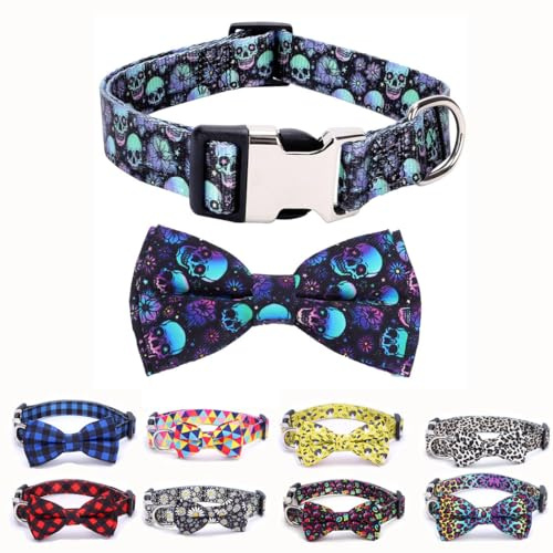 Skull Dog Collar with Bow Tie, Cool Goth Bowtie Puppy Collar Funny Boy Dog Collars for Xs Small Medium Large Breed Pet Male Dogs Cats, XSmall
