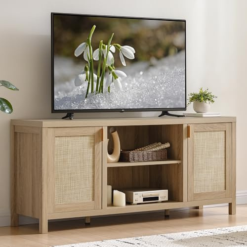 SICOTAS Rattan TV Stand for Living Room - 26 Tall TV Console Cabinet with Storage and Adjustable Shelf, Boho Entertainment Center, 59 Media Console for 50, 55, 65 Inch TV, Light Oak