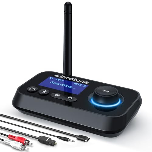 Ainostone Trasmettitore Ricevitore Bluetooth 3-in-1 Adattatore Audio Bluetooth 5.3 per 2 Cuffie con Cavi Bypass Aux/Ottico/RCA ON/off Automatico LCD Display Controllo Volume per TV Stereo Casa PC