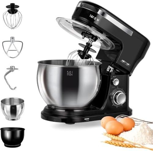 MPM MRK-21 Küchenmaschine 1600W - Knetmaschine mit 5L Edelstahlbehälter & 4L Kunststoffschüssel - Küchenroboter mit 3 Rührbesen, 6 Geschwindigkeiten, Schwarz
