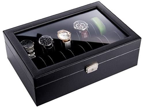 PIPONS Uhrenbox Uhrenbox Mit 10 Fächern Für Männer Und Frauen, PU-Leder, Uhrenvitrine, Durchsichtig, Schmuckaufbewahrung, Uhrenorganisator Display-Organizer