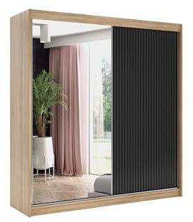 ALTDECOR Kleiderschrank mit Spiegel und Schiebetüren, kugelgelagerte Führungsschienen und Aluminium-Leisten, LED-Beleuchtung (16 Farben) und Fernbedienung - RYFLO - 200 cm Sonoma/Schwarz
