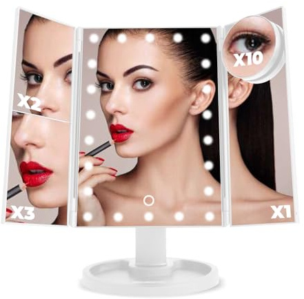 Espejo Maquillaje Con Luz Led | Con 22 Luces y Aumento x1 x2 x3 y x10 |Triple Pliegue y Pantalla Táctil | Con Batería O Cable Usb Incluido | Regalo Ideal Para Tocador Mujer y Hombre. Color Blanco.