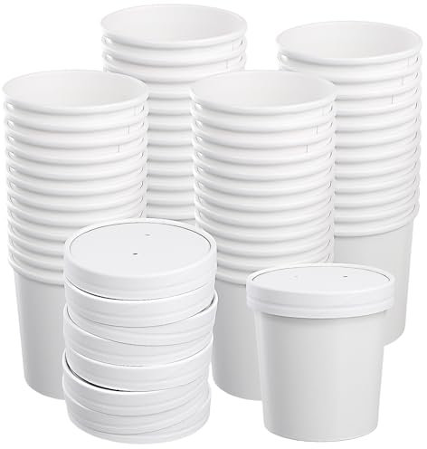 KEILEOHO 50 Vasos Desechables de Cartón Kraft de 460 ml, Color Blanco, con Tapa, Vasos de Café Desechables de 16 Onzas de Cartón para Llevar, para Sopa, Té, Alimentos