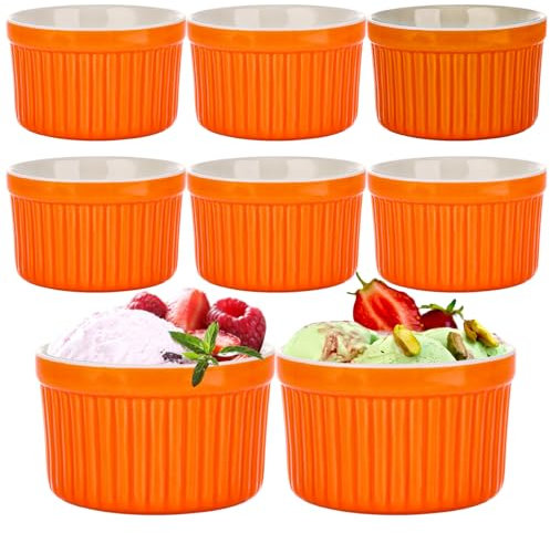 LDXDRU Juego de 8 ramequines de porcelana naranja de 110 ml, ramequines de crema brulee de 7,5 cm, cuencos pequeños para hornear, mermeladas de soufflé, magdalenas, magdalenas, helados