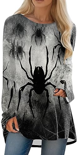 Halloween Hoodie Damen Sweatshirt für Damen Oversized Freizeit Sport Sweatshirt mit Spinne Bedruckte Retro Rundhals Pullover Loose Fit Shirt Vintage Sweat Pulli Langshirt Oberteil Top Halloween Kostüm