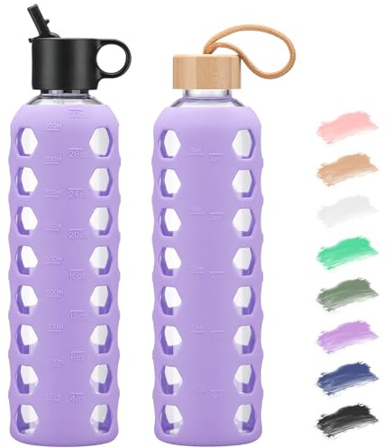 BLUEGO Glass Water Bottle, 900ml Borosilicate Drinking Bottle with 2 Lids-Handle Flip Straw Lid&Bamboo Lid, Motivational Water Bottle with Time Marker and Silicone Sleeve, Leakproof, Purple