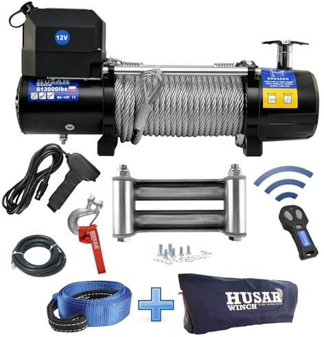 Husar winch Elektrische Seilwinde 13000 lbs | 5897 kg 12V, 20 m Stahlseil x 10 mm, Funkfernbedienung, 3-stufiges Planetengetriebe, Abschleppwinde für Pannenfahrzeuge, Bergefahrzeuge, 4x4, Geländewagen