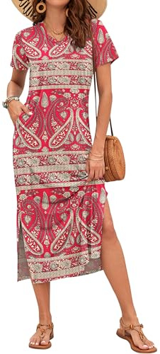 AUSELILY Longues Robes D'Été pour Femmes,Robe Femme De Plage Fendues,Manches Courtes,Col en V,avec Poches Boho Floral Rouge M