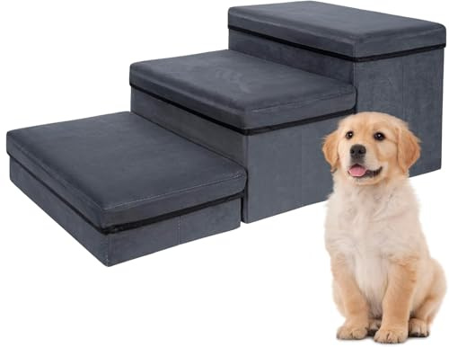 AKOZLIN Scala per cani con contenitore a 3 gradini pieghevoli, 3 in 1 per animali domestici, rampa extra larga per cani e gatti di piccola e grande taglia, grigio scuro
