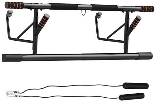 SPORTNOW Barra de Dominadas Multifuncional Barra de Dominadas de Pared con Bandas de Resistencia Carga 150 kg para Ejercicio y Entrenamiento en Casa Gimnasio Negro y Naranja