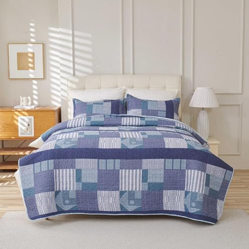HUSHDML Gesteppte Tagesdecke für 2 Personen, Gesteppte Patchwork-Decke, Boutis Bettdecke blau Baumwolle weiche und Bequeme Bettdecke mit 2 Kissenbezügen(200x230cm)