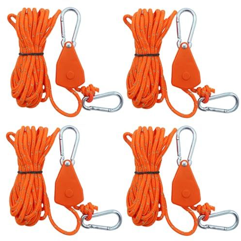 4 Stück Verstellbarer Seil Ratsche, Abspannseile mit Seilspanner, Alluring Ratchet Hanger, Reflektierend Leichte Abspannleine Zeltschnur mit Haken für Campingzelte, Markisen
