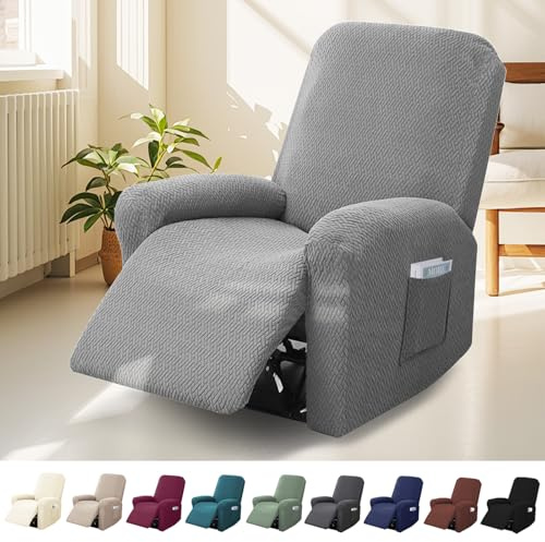 BOUFEIDA 4-Teilig All-Inclusive Sesselbezug, 1 Sitzer Relaxsessel Sesselbezug Stretchhusse mit Taschen, Sesselschoner für Fernsehsessel und Relaxsessel, Anti-Rutsch High Stretch Mit Elastischem Boden