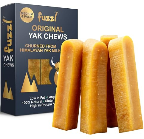 Fuzzl Bocadillo para masticar para perros con queso dorado del Himalaya, caja original 4 – Yak Kausnacks para perros – golosinas naturales