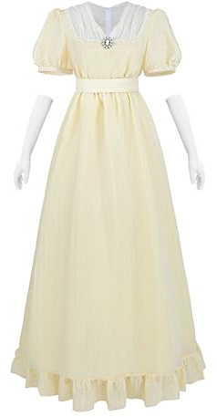 NSPSTT Regency Dress Regency Dresses for Women Puff Sleeves Empire Waist Victorian Dresses Renaissance Dress Abendkleid with Gloves, Beige, M