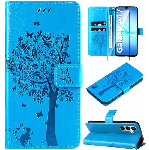 Hancda Case for Samsung Galaxy A17 5G / A17 4G Phone Cover,Blue | Wallet with Tempered Glass Screen Protector,Card Holder Slot,Flip PU Leather Magnetic Closure,Shockproof Flowers Design Shell