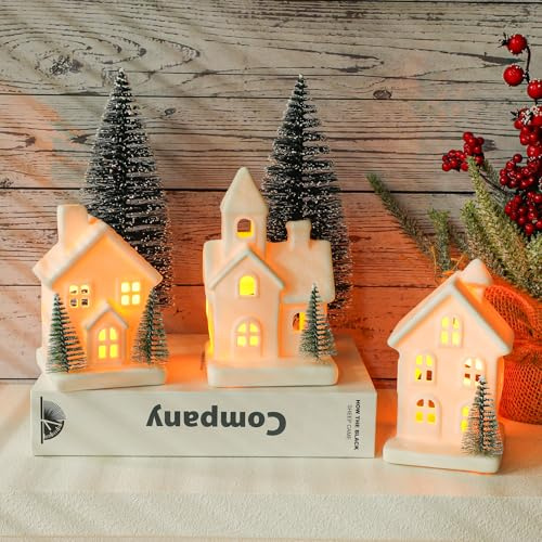 Peninpha 5PCS Christmas Village Sets - 3 LED Lighted Ceramic White Houses with 2 Decorative Christmas Trees Remote Control Led Candles for Home Tabletop Mantel Shelf Decor