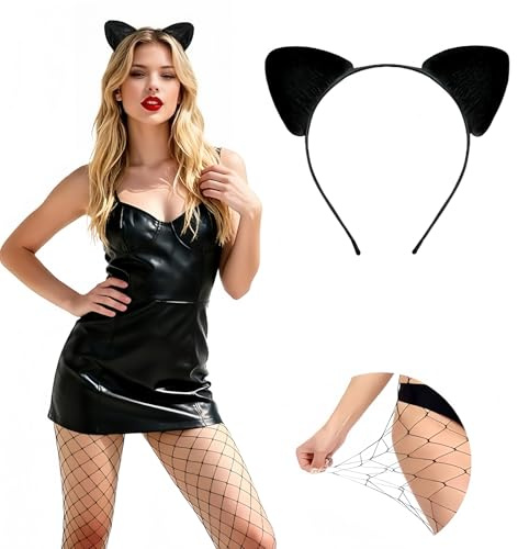 joonnair Combo 2 en 1, Diadema Orejas de Gato Sexy con Medias de Red de Cintura Alta, Medias de Rejilla para Mujer Set para Fiestas, Halloween y Carnaval