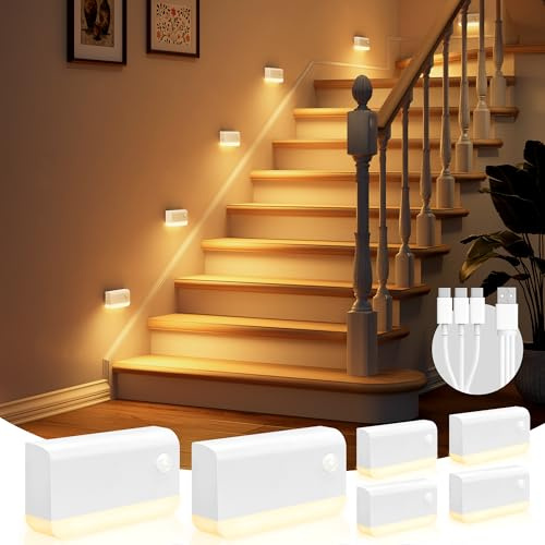 VOLISUN 6 Stück Nachtlicht mit Bewegungsmelder, 1200-mAh-Akku Treppenlicht mit Bewegungsmelder, Drahtlose magnetische LED Nachtlicht mit 3 Lichtmodi für Treppen, Schlafzimmer, Badezimmer (Weiß)