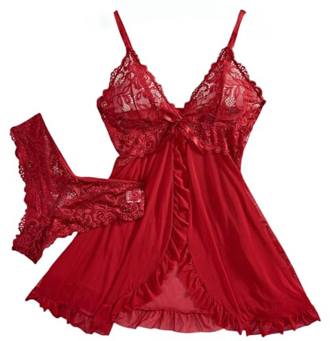 IPUDIS Babydoll Natalizio Set di Lingerie Sexy con Perizoma Indumenti da Notte in Pizzo Malizioso Sottoveste Trasparente Aperta sul Davanti Minigonna Camicie da Notte, Rosso S