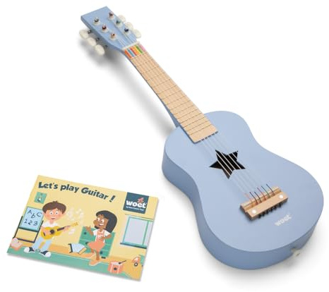 Woet Chitarra giocattolo in legno per bambini - chitarra per bambini blu con 6 corde - strumento musicale giocattolo educativo - include canzone - a partire da 3 anni - regalo per bambini e ragazze