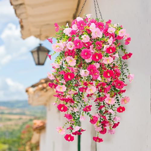 YMIFEEY 4 Stück Künstliche Hängepflanzen Kunstblumen Hängend Wie Echt Hängende Kunstpflanzen Wetterfest Künstliche Blumen Ranken für Außen Innen Balkon Terrasse Blumenampel (4, Rosarot Petunien)