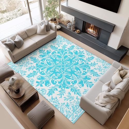 Generisch Teppich Art Deco Für Wohnzimmer 140 X 200 cm, Brokat Blumenmuster Teppich Kurzflor Weich rutschfest Waschbare Für Schlafzimmer Kinderzimmer Esszimmer Flur, Hellblau