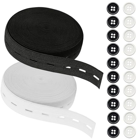 XDGBGFN 2 Stück Gummiband mit Knopfösen 20mm Gummiband Flaches Nähband Gummiband mit Knopfloch 20mm x7m Schwarz Weiß für Nähen Taschen Culottes
