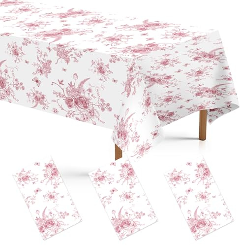 3Pcs Pink Floral Tablecloth Tea Party Tablecloth Disposable Vintage Table Cloth Pink and White Tables Decor for Spring Summer Mother's Day Birthday Garden Wedding Tea Party Supplies 54 x 108